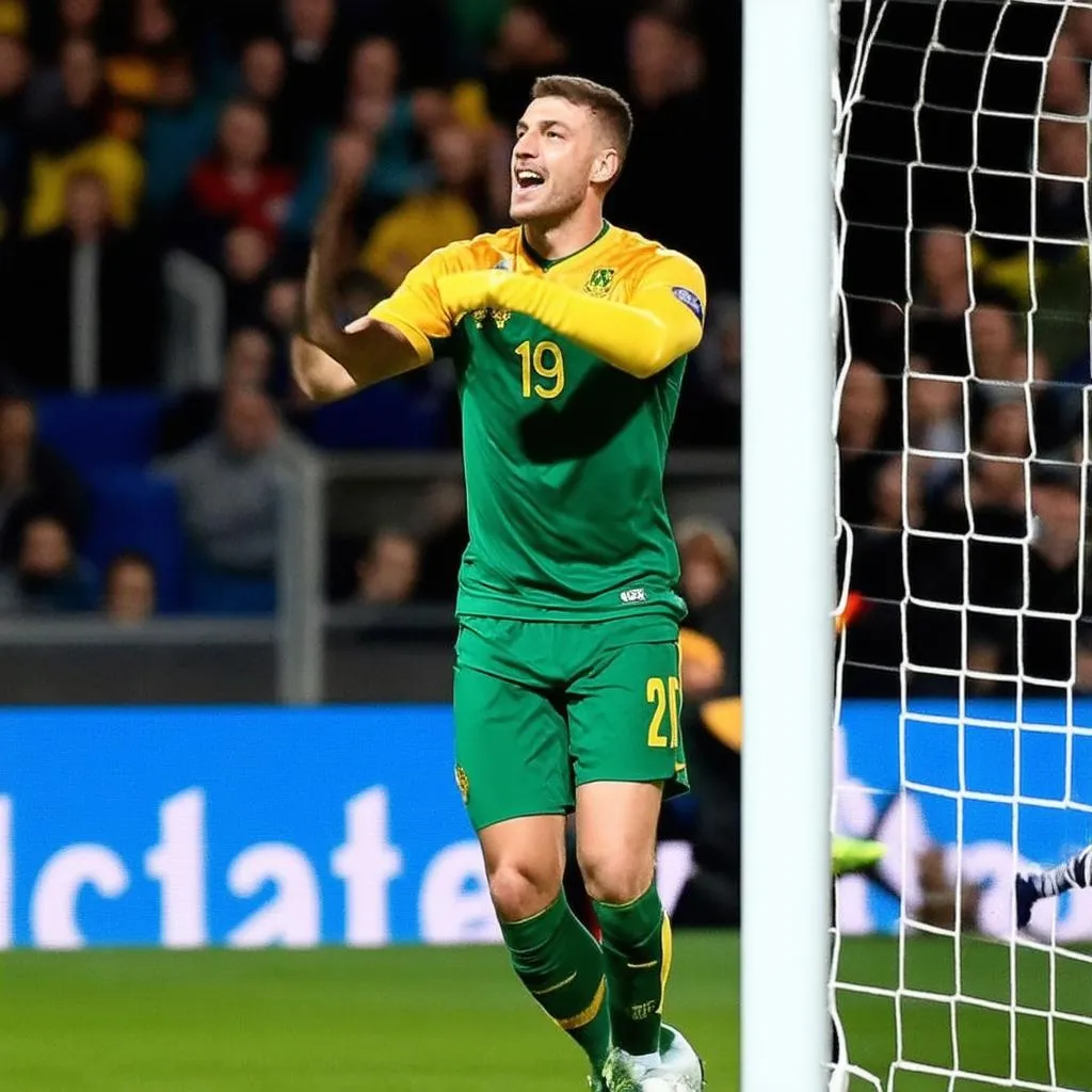 Australian soccer player scores a goal