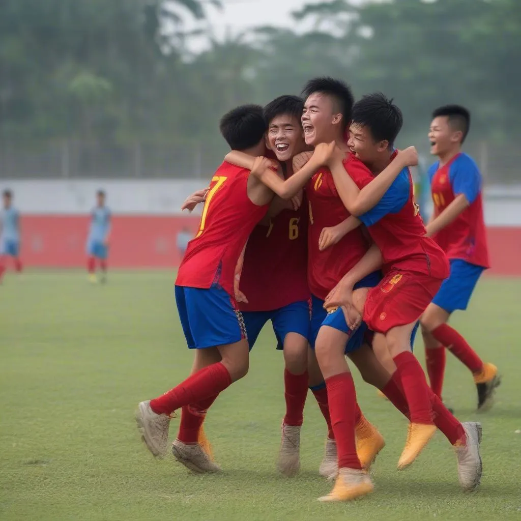 Các cầu thủ U15 Việt Nam liên hoan vui mừng chiến thắng