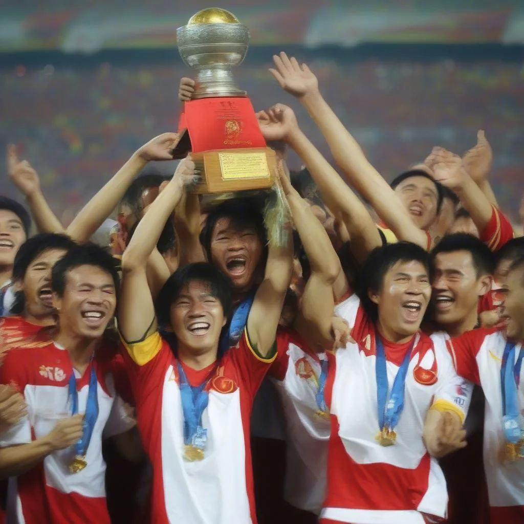 Hình ảnh đội tuyển Việt Nam nâng cao chiếc cúp vô địch AFF Cup 2008