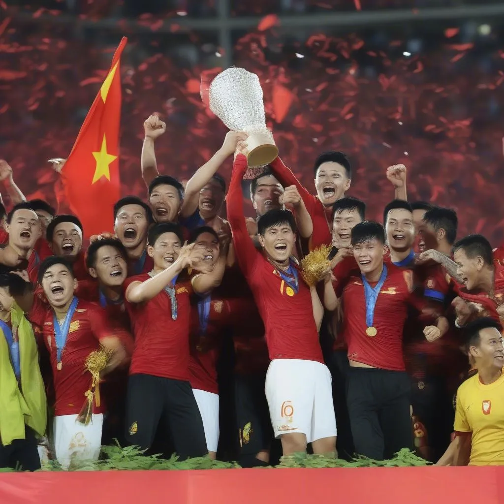 Hình ảnh đội tuyển Việt Nam ăn mừng chiến thắng trước Malaysia ở trận chung kết AFF Cup 2018