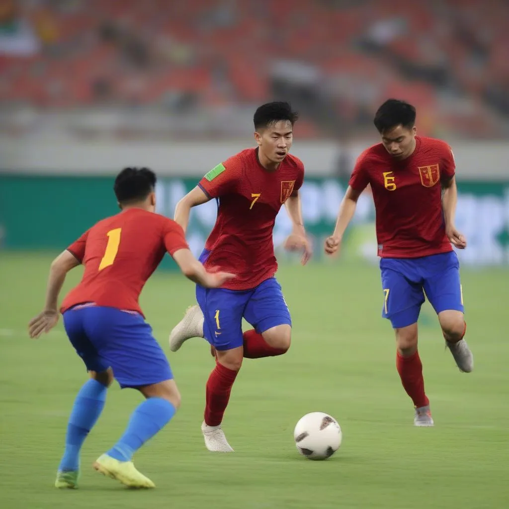 Cầu thủ Việt Nam thi đấu trong trận đấu vòng 1/8 Asian Cup 2019