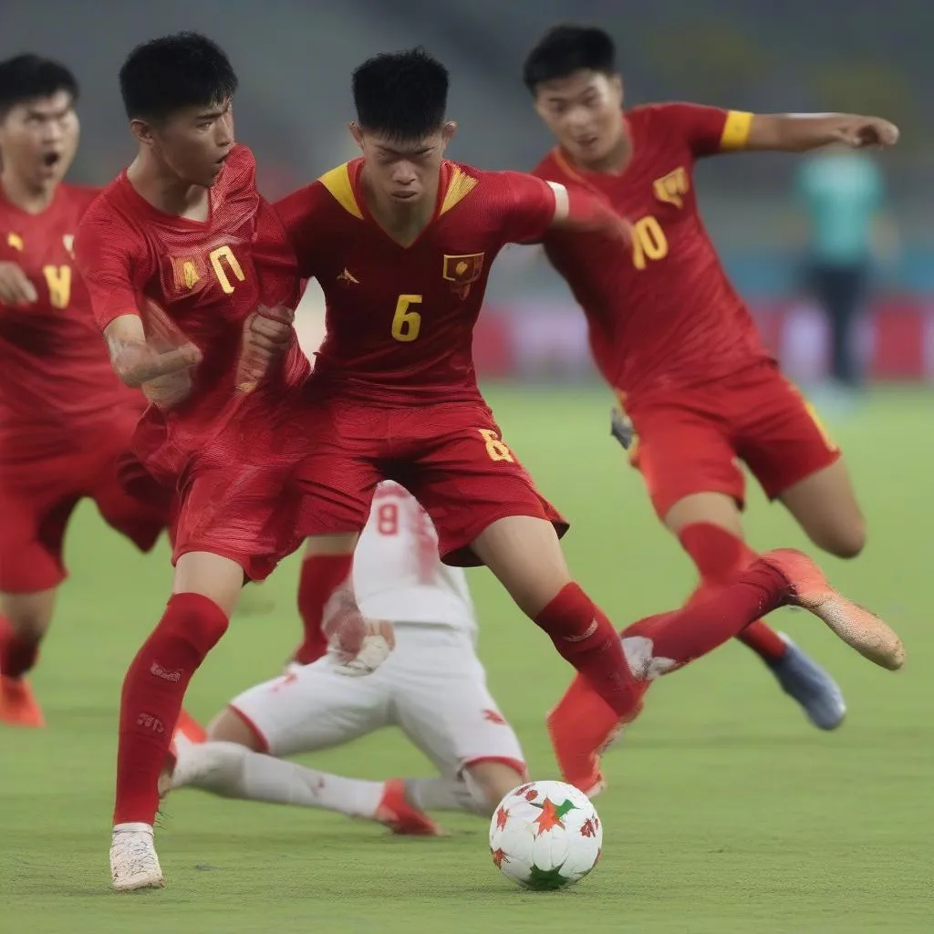 Cầu thủ Việt Nam thi đấu đầy quyết tâm trong trận bán kết AFF Cup 2022