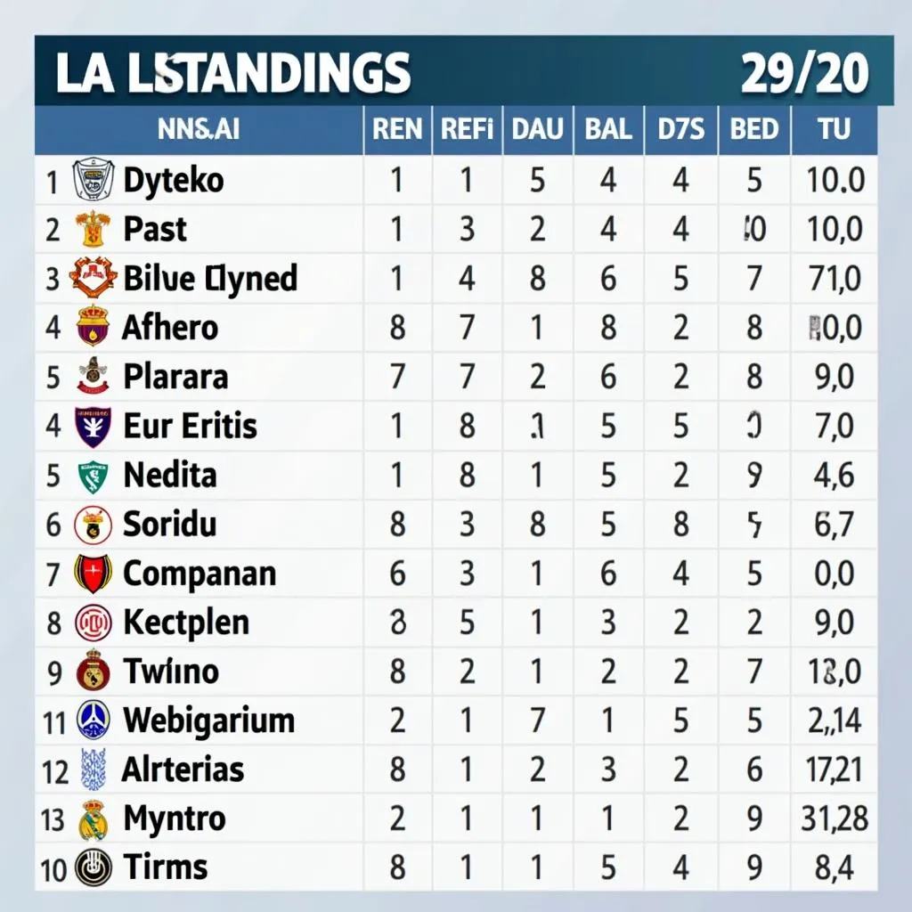 Bảng xếp hạng La Liga 19/20