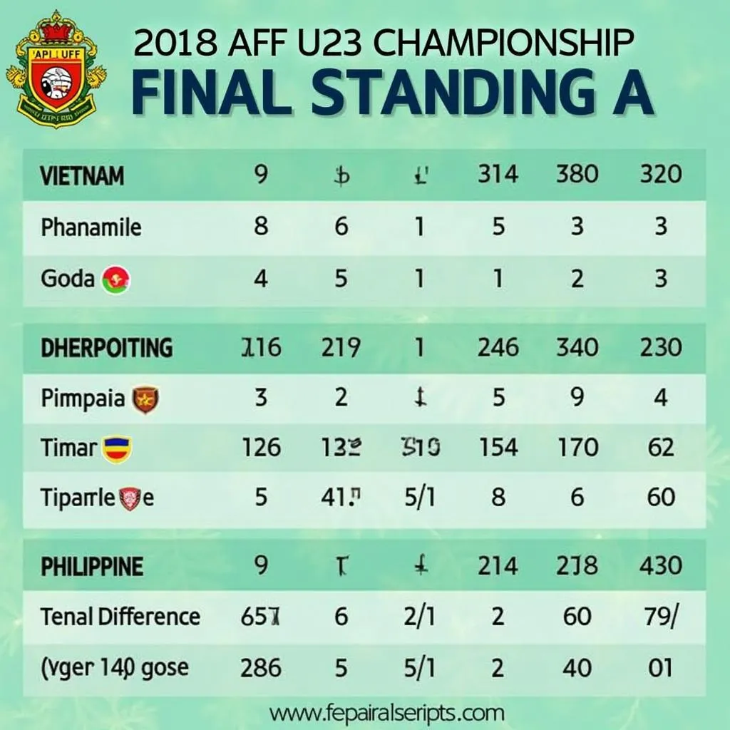 Bảng xếp hạng U23 AFF Cup 2018