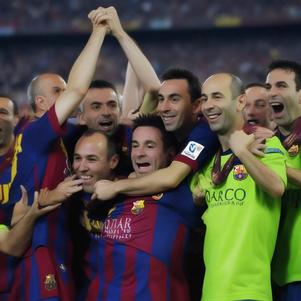 Hình ảnh về Barcelona vô địch Champions League 2011 với Messi, Xavi và Iniesta