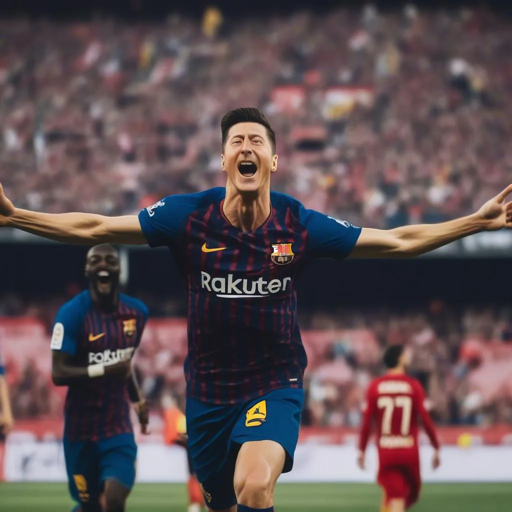 Hình ảnh Lewandowski ghi bàn cho Barca