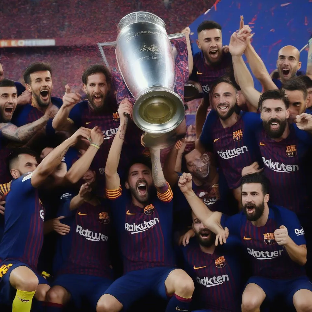 Barcelona players celebrating a La Liga title