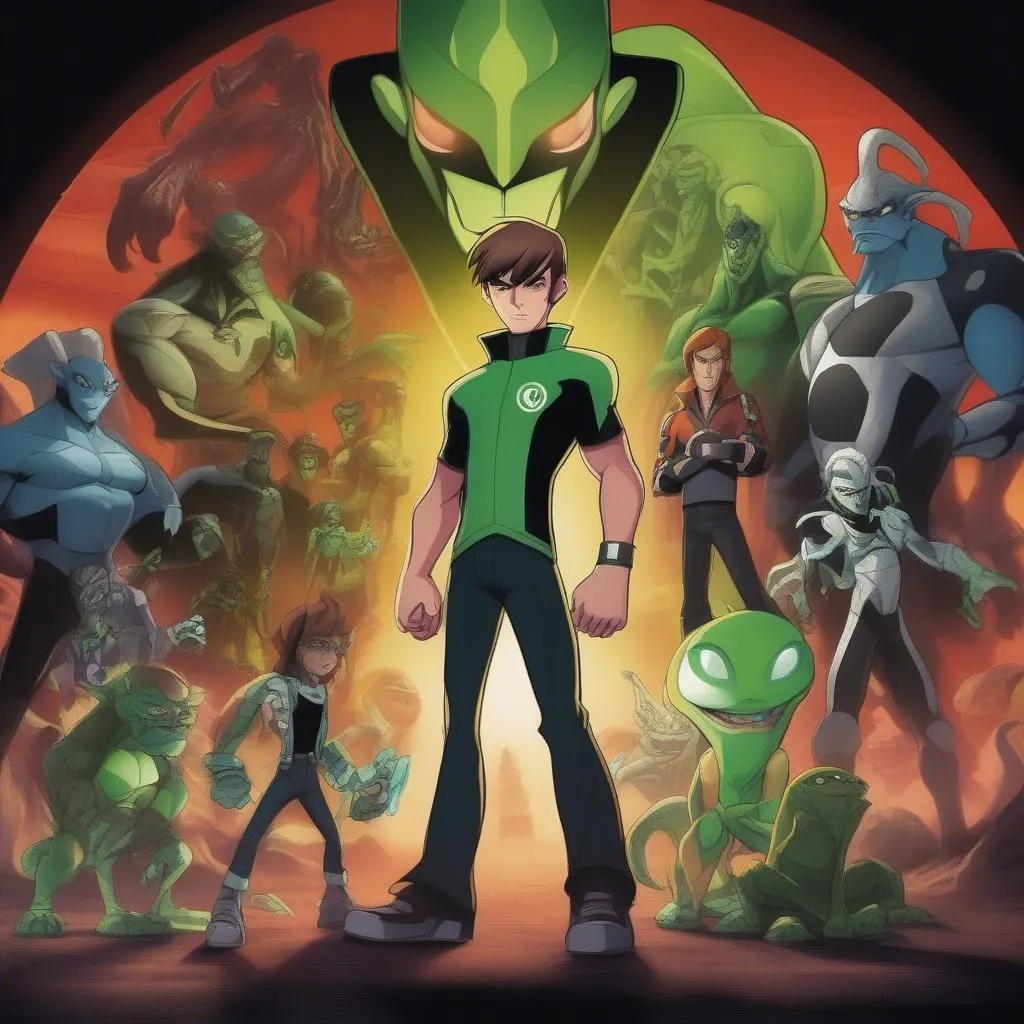 Ben 10 and his alien forms against backdrop of villains