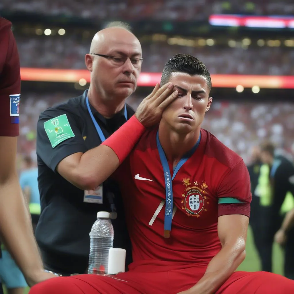 Hình ảnh Cristiano Ronaldo bị chấn thương trong trận chung kết Euro 2016