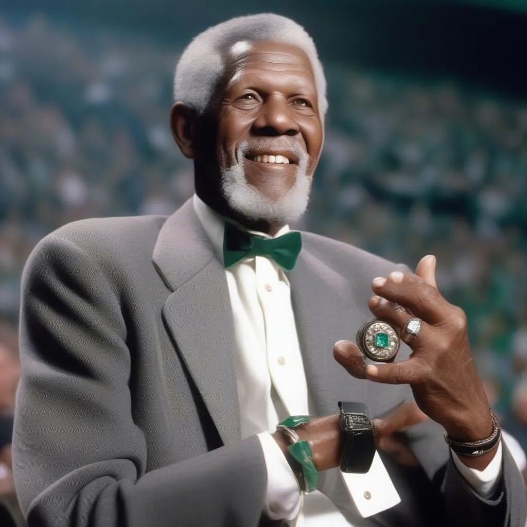 Ảnh Bill Russell với chiếc nhẫn vô địch NBA