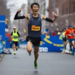 Yuki Kawauchi, the champion of the Boston Marathon 2018, celebrates his victory at the finish line.