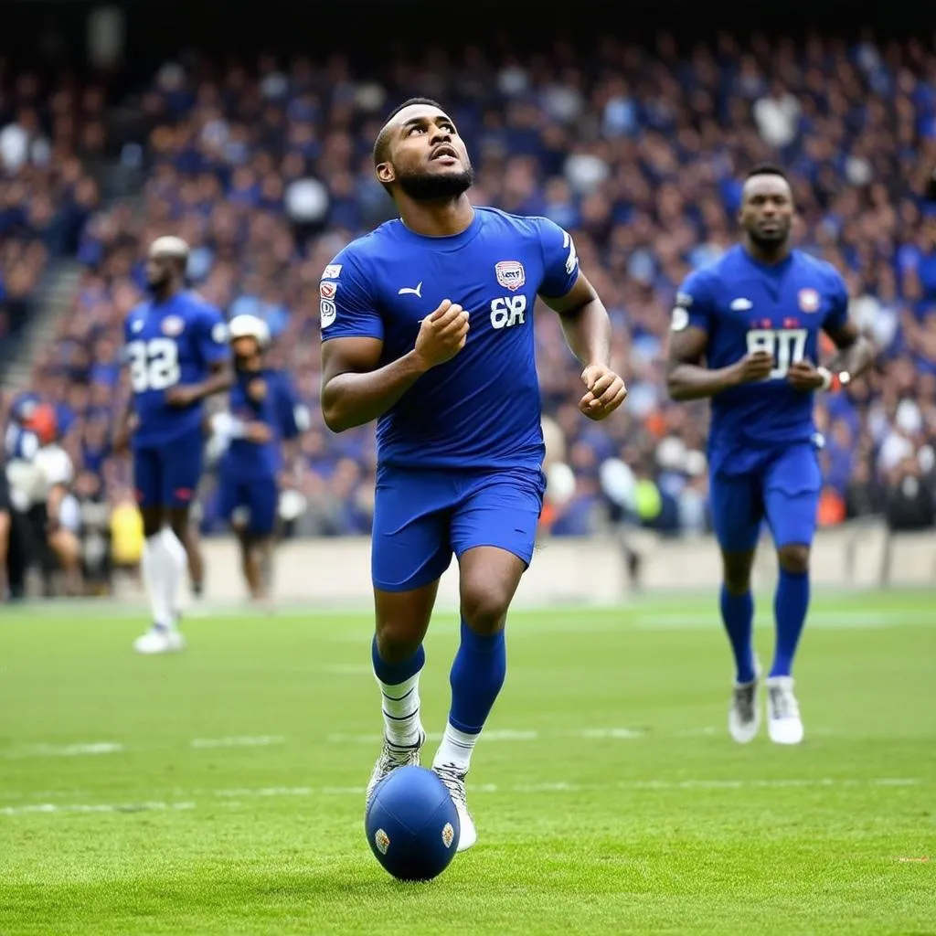 Football player running on the field with the ball