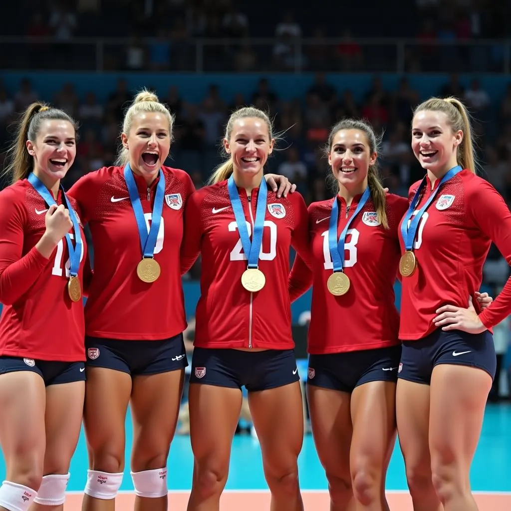 Serbian women's volleyball players celebrating with the gold medal