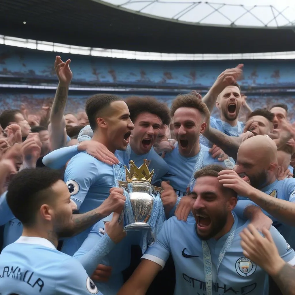 Manchester City players celebrating a victory