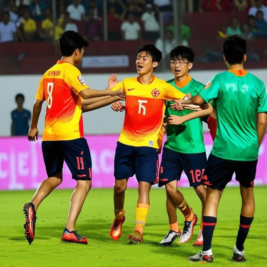 Cầu thủ U19 Việt Nam ăn mừng bàn thắng