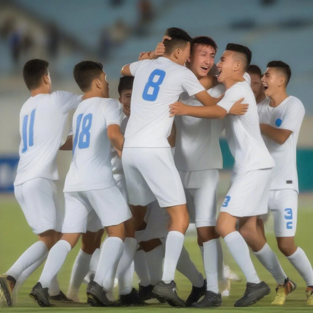 Các cầu thủ U23 Uzbekistan ăn mừng chiến thắng