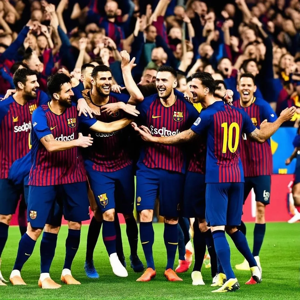 Cầu thủ Barca ăn mừng chiến thắng