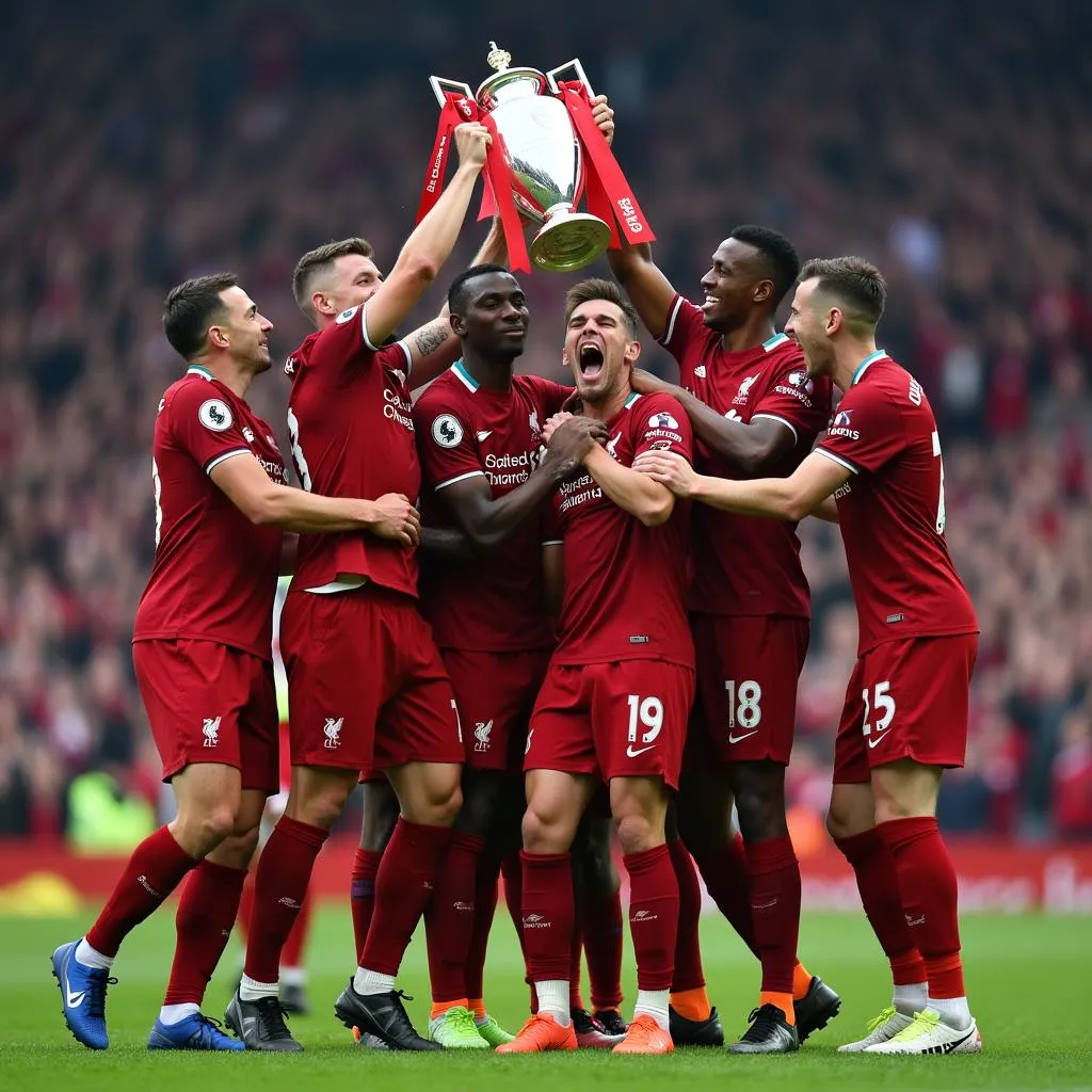 Các cầu thủ Liverpool ăn mừng chức vô địch Ngoại hạng Anh 2019