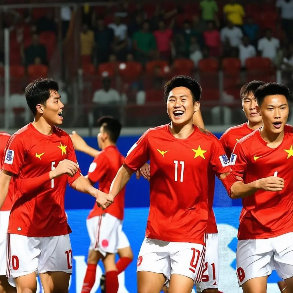 Cầu thủ Việt Nam ăn mừng bàn thắng tại AFF Cup 2016