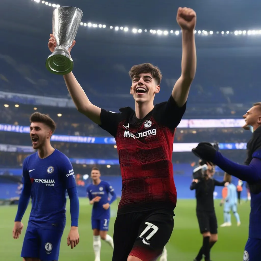 Hình ảnh Kai Havertz nâng cao cúp vô địch Champions League 2021