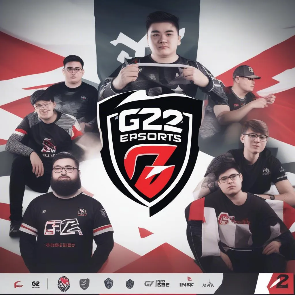 Hình ảnh minh họa về đội tuyển G2 Esports, với logo của đội tuyển, cờ của quốc gia và các tuyển thủ thi đấu