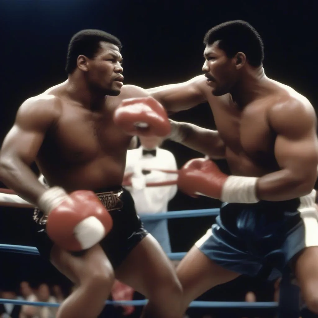 James trong trận đấu siêu phẩm với Mike Tyson, một trong những đối thủ đáng gờm nhất của anh