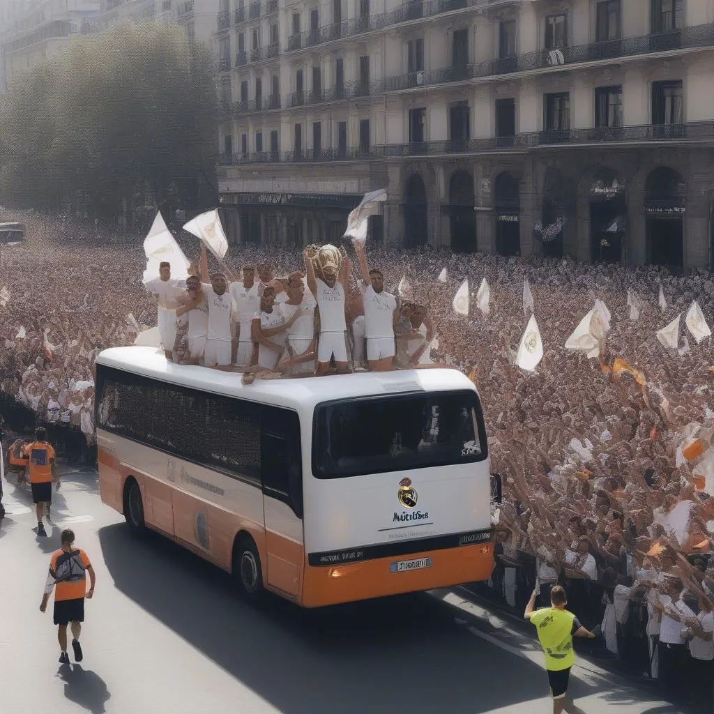 Real Madrid players riding an open-top bus, waving to the crowd during a victory parade 