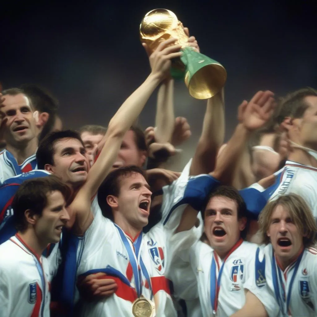 Hình ảnh đội tuyển Pháp nâng cao cúp vô địch World Cup 1998 tại Pháp. Đội tuyển Pháp đã đánh bại Brazil trong trận chung kết với tỷ số 3-0.