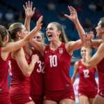 Serbia women's volleyball team celebrating their victory