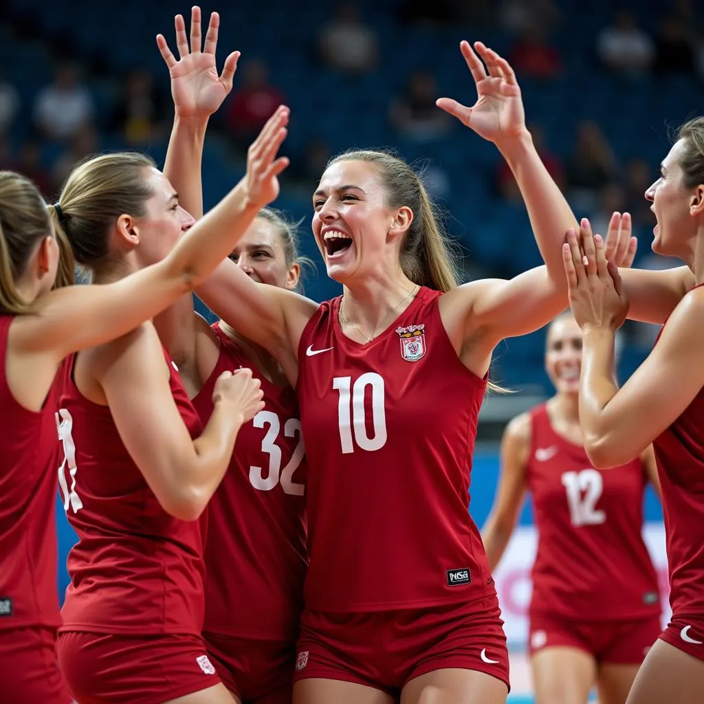 Serbia women's volleyball team celebrating their victory