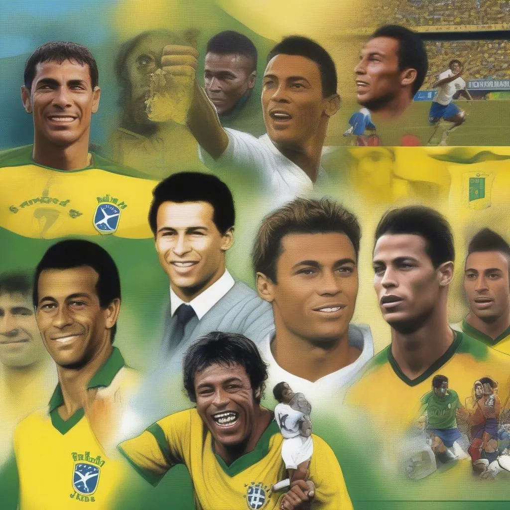 Hình ảnh các huyền thoại bóng đá Brazil như Pelé, Ronaldo, Neymar