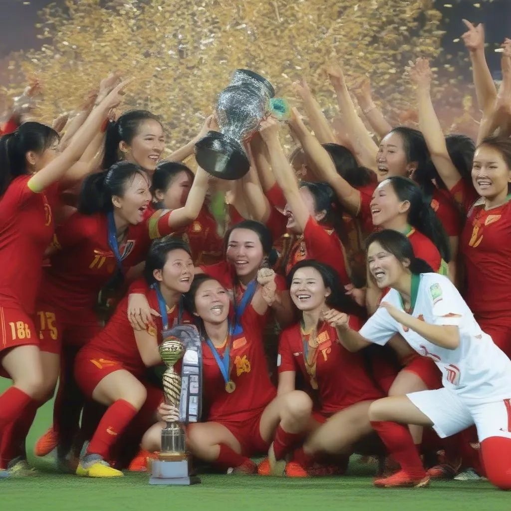 Đội tuyển nữ Việt Nam vô địch AFF Cup - Hình ảnh đội tuyển nữ Việt Nam nâng cao chiếc cúp vô địch AFF Cup