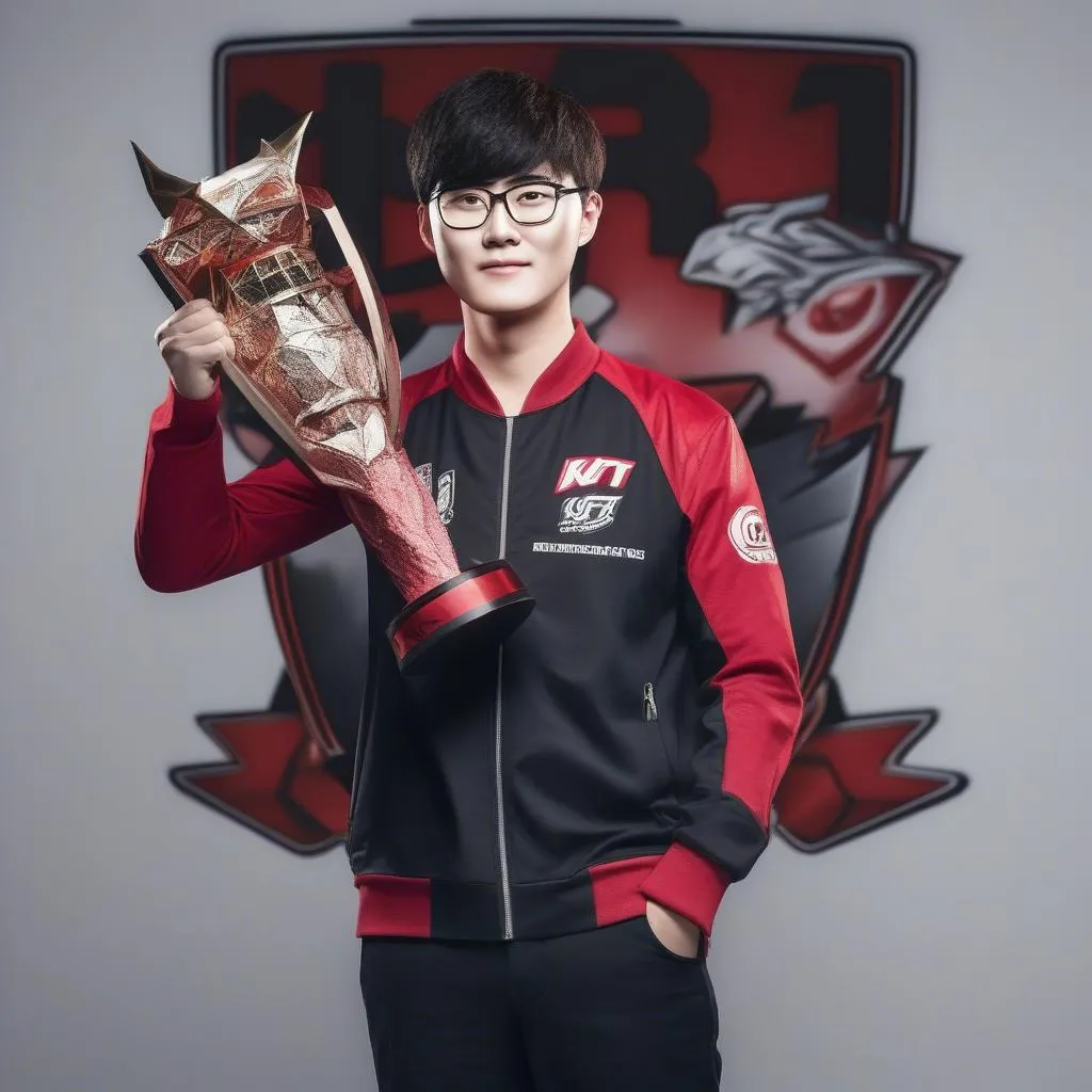 Faker, tuyển thủ đường giữa của SKT T1, nâng cao chiếc cúp vô địch CKTG 2017