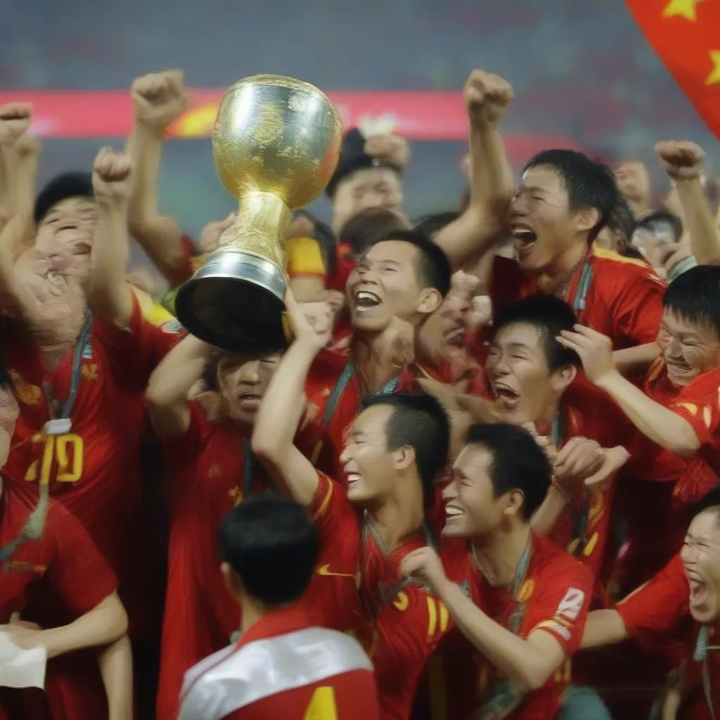 Hình ảnh Việt Nam vô địch AFF Cup 2008: Cầu thủ Việt Nam nâng cao chiếc cúp vô địch