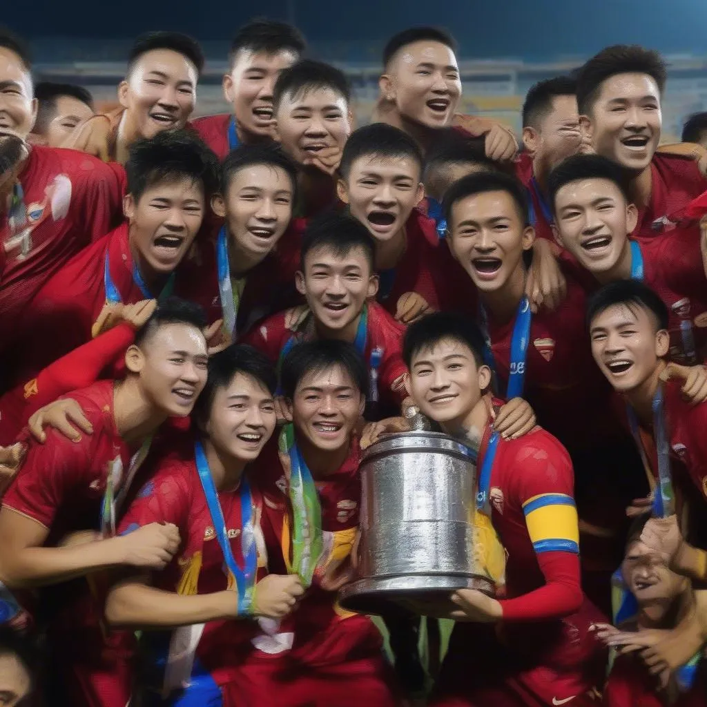 Hình ảnh đội tuyển U22 Việt Nam nâng cao chiếc cúp vô địch SEA Games 30 tại Philippines