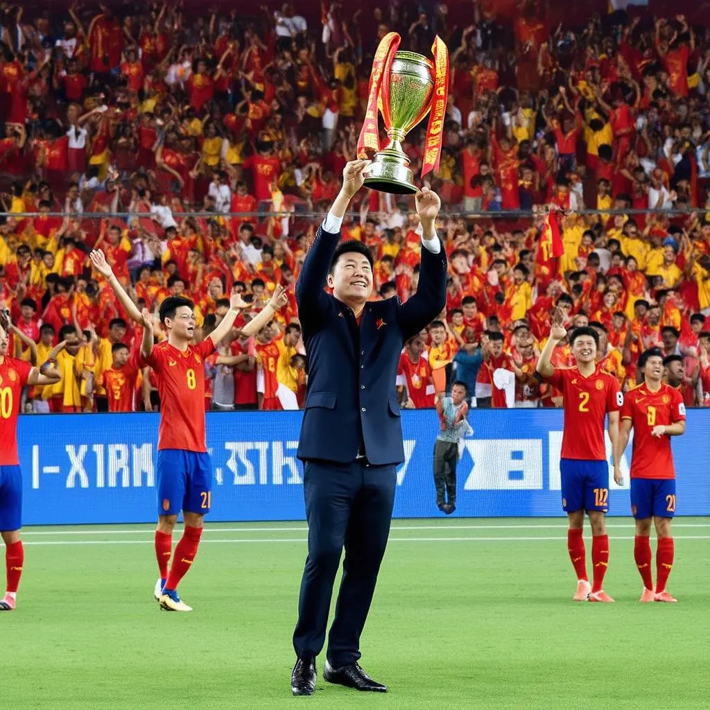 Coach Park Hang-seo with Vietnam U23 team celebrating victory