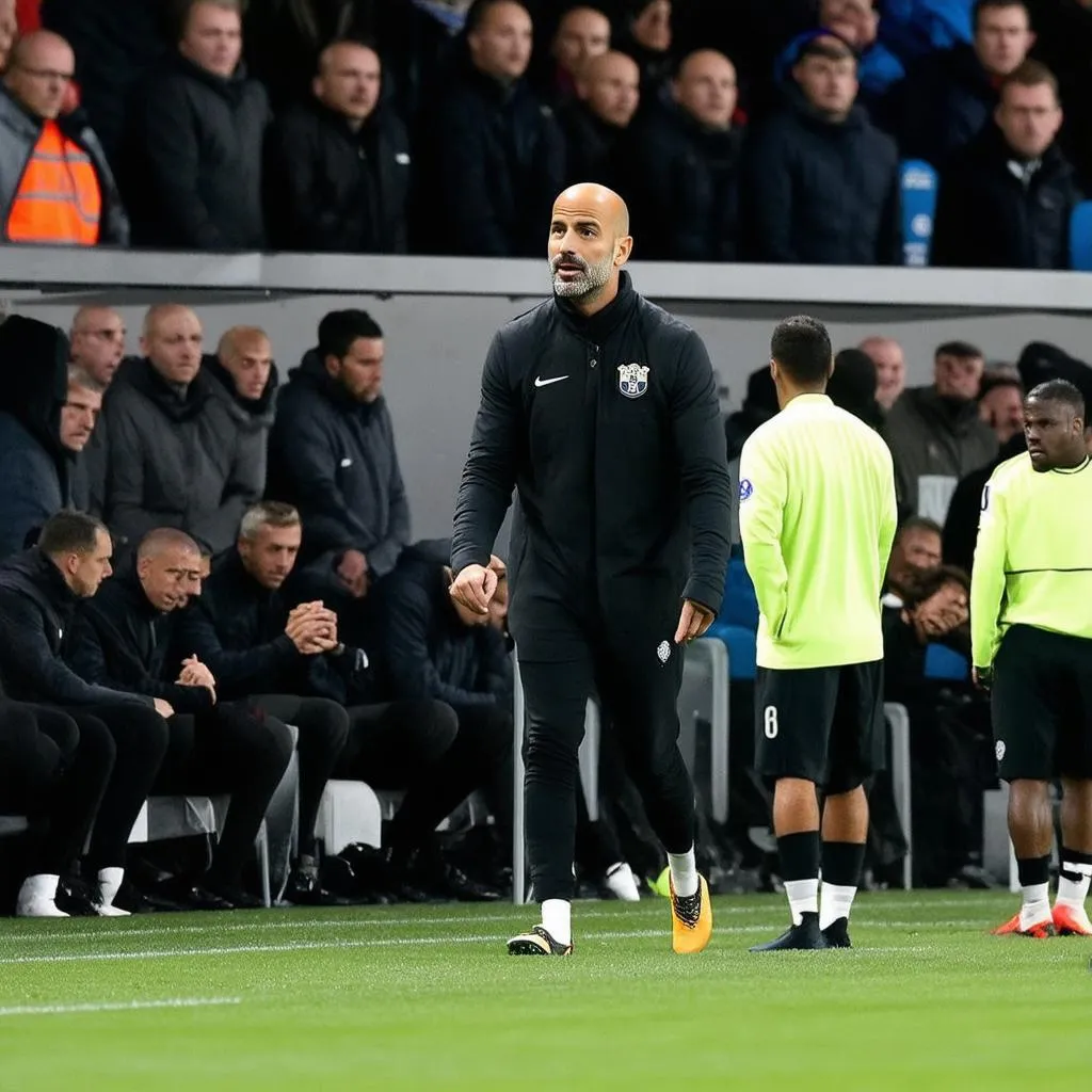 HLV Pep Guardiola đang chỉ đạo trận đấu