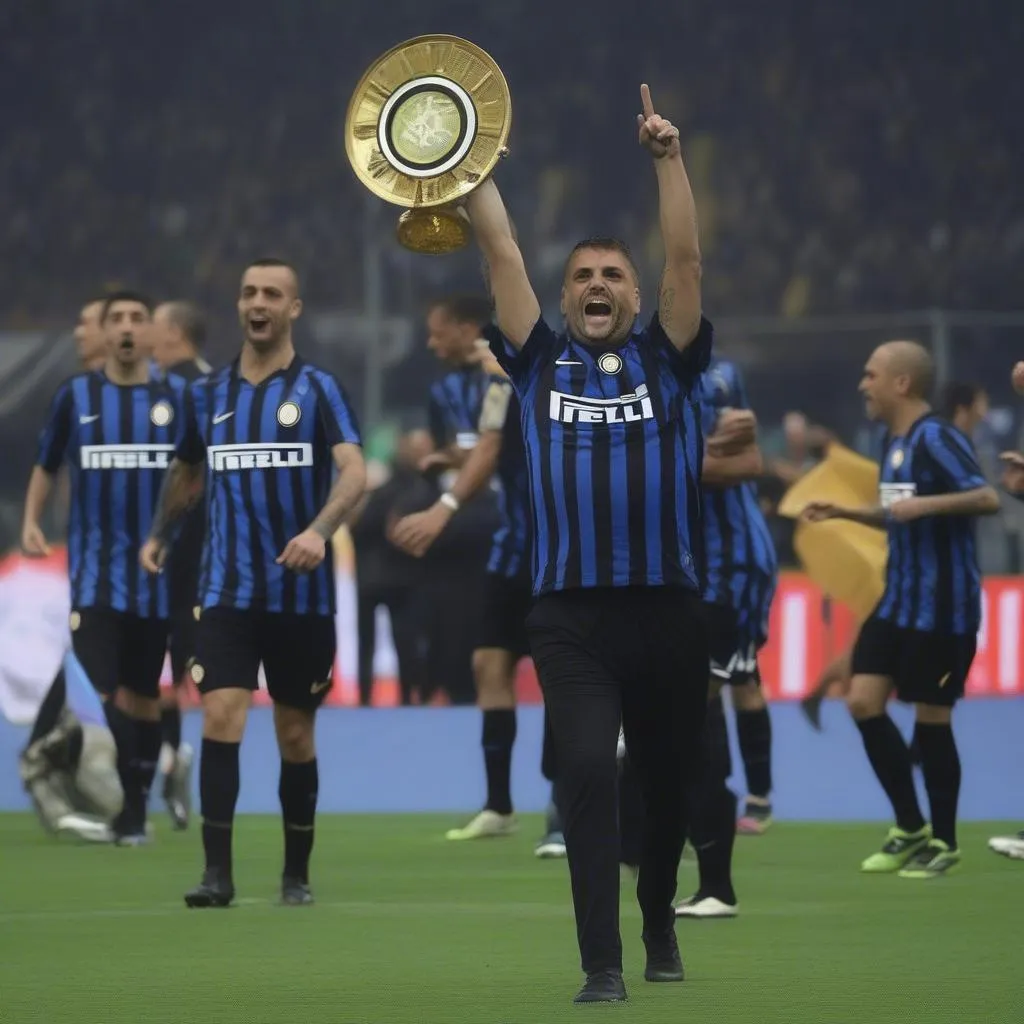 Inter Milan lifting the Coppa Italia trophy, celebrating their success in the competition