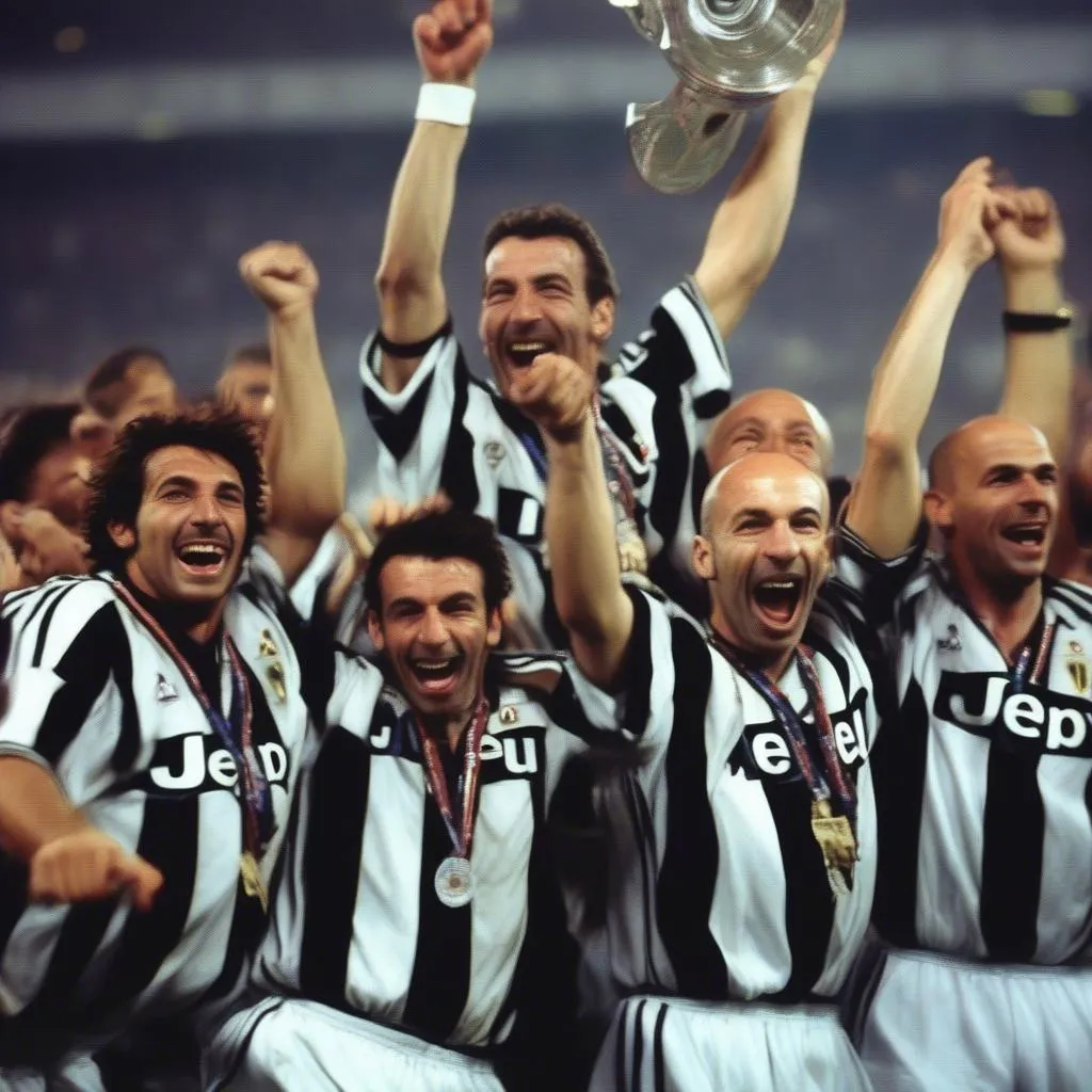 Hình ảnh về Juventus vô địch C1 năm 1996, với các cầu thủ nổi tiếng như Del Piero, Vialli, và Zidane