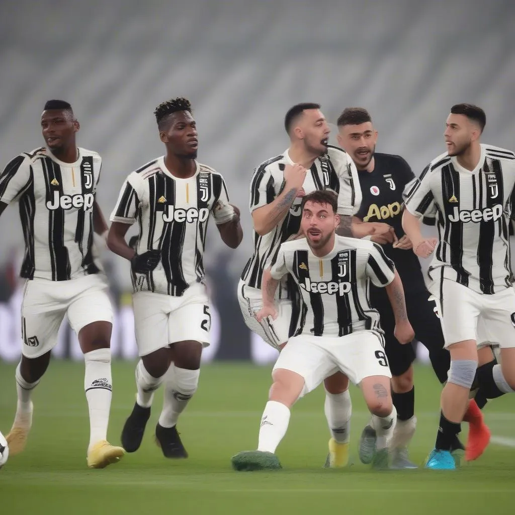 Hình ảnh về Juventus thi đấu ở Champions League mùa giải 2023, với các cầu thủ nổi tiếng như Vlahovic, Pogba, và Chiesa