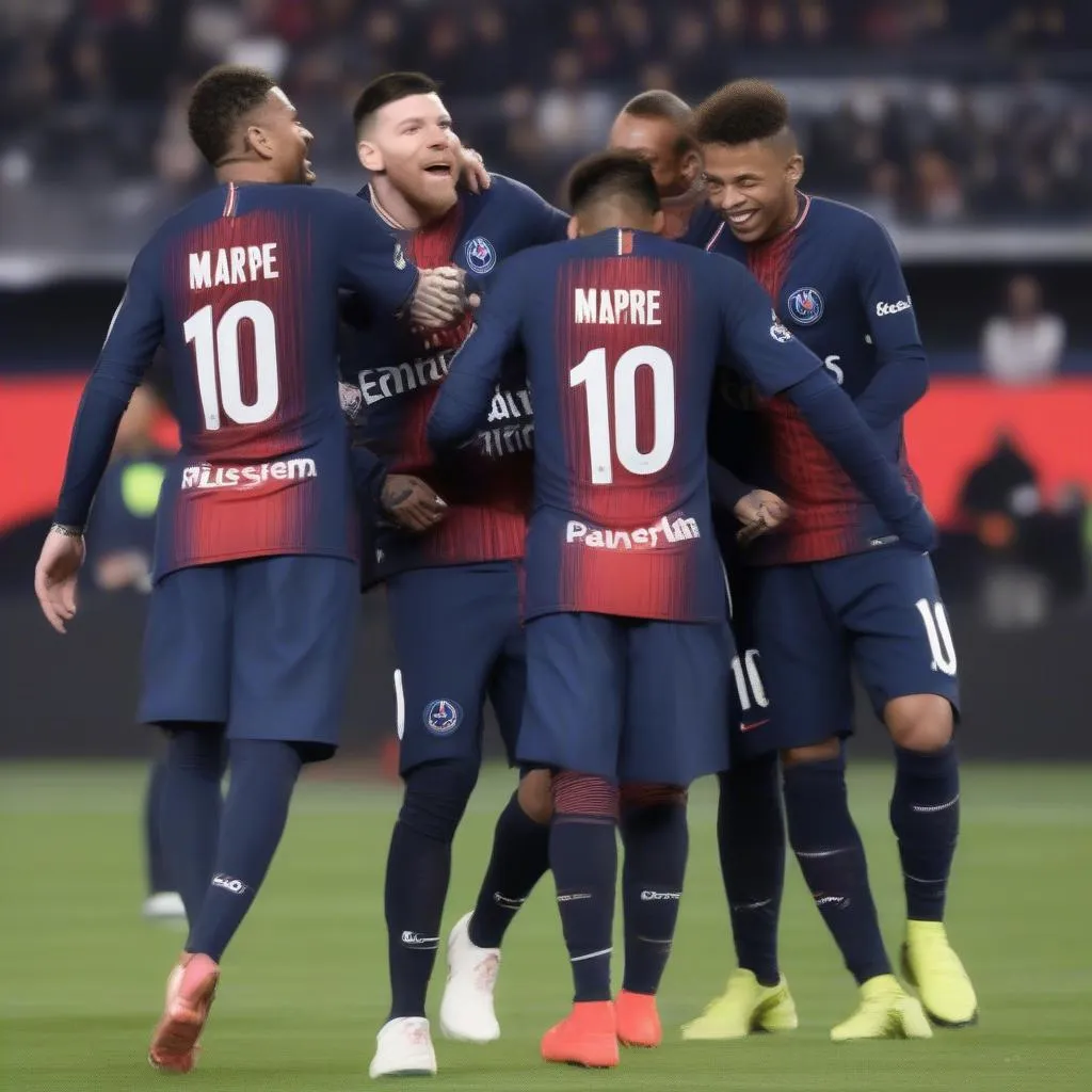 Kylian Mbappe celebrates a goal with his teammates Messi and Neymar