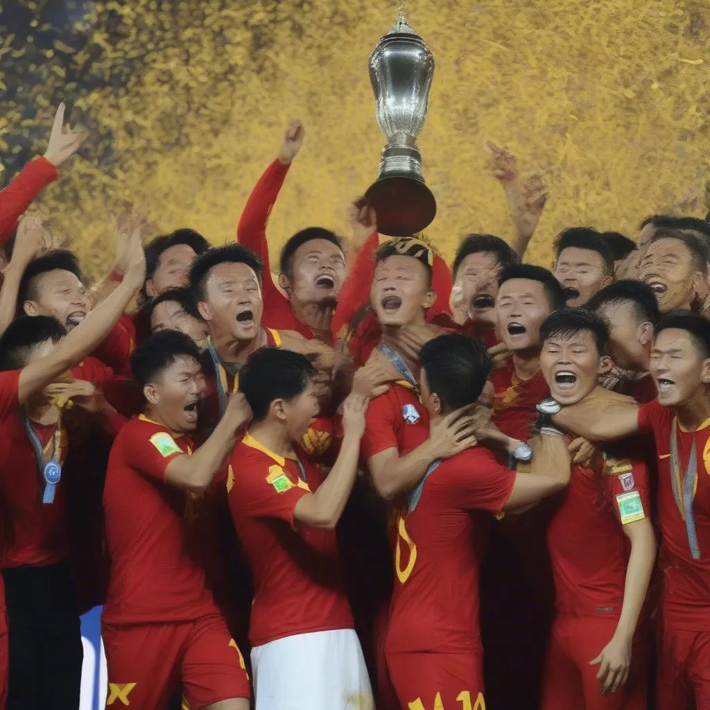 Hình ảnh đội tuyển Việt Nam nâng cao chiếc cúp vô địch AFF Suzuki Cup