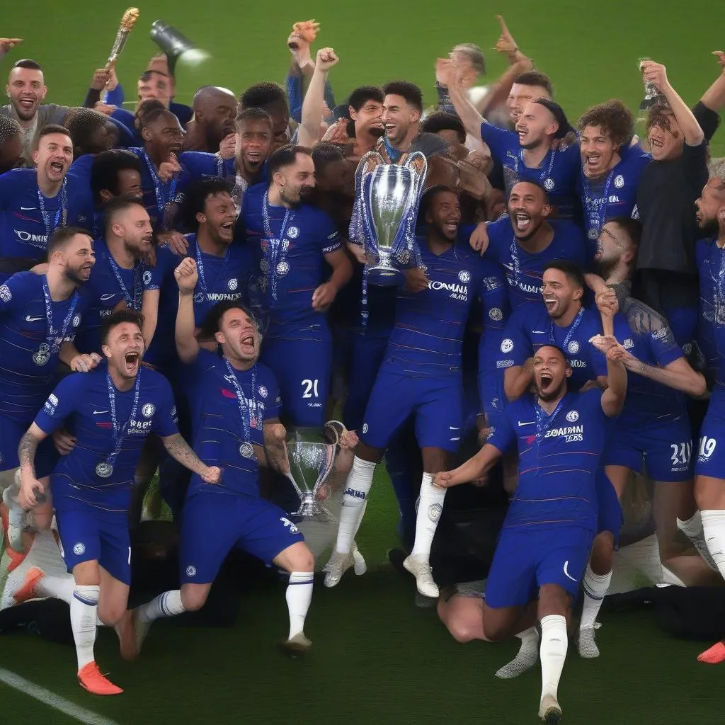 Chelsea players celebrating their Champions League title win in the 2020-2021 season.