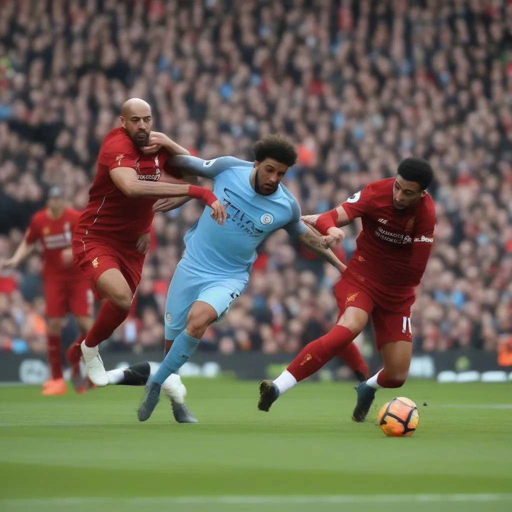 Cầu thủ Liverpool và Man City tranh chấp bóng trong trận đấu Premier League mùa giải 2018