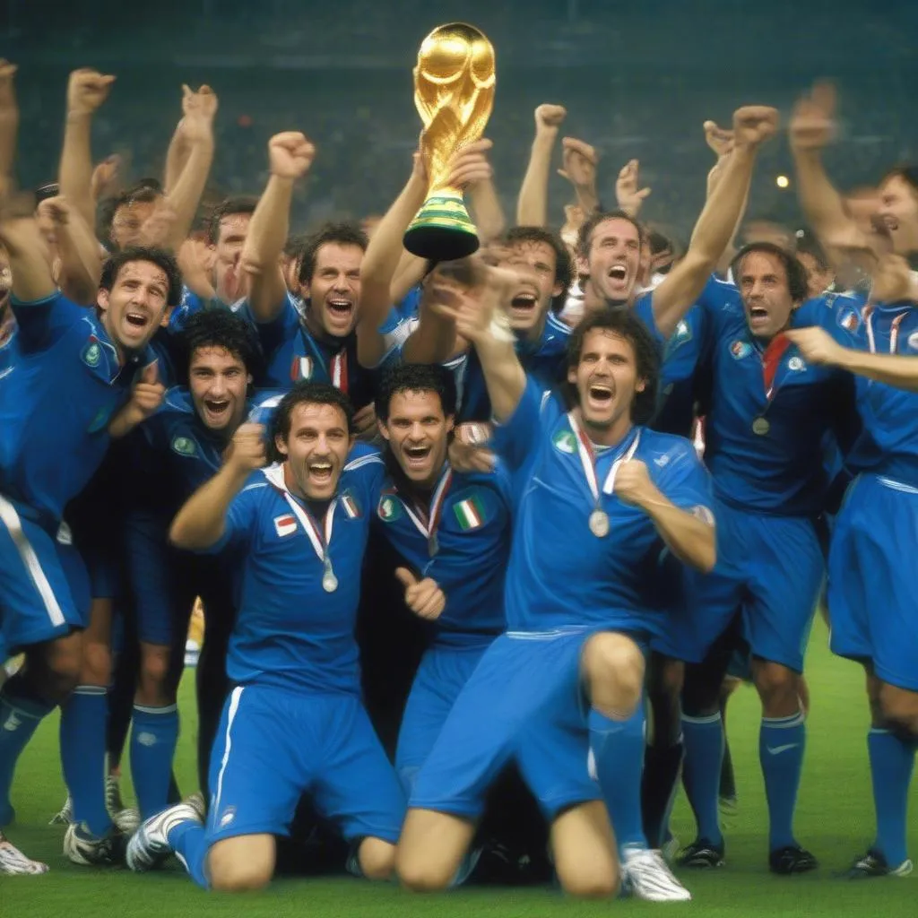 Hình ảnh về đội tuyển Italia vô địch World Cup 2006, với nụ cười rạng rỡ trên khuôn mặt các cầu thủ