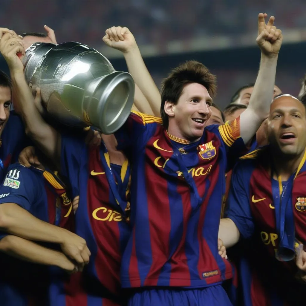 Hình ảnh Messi nâng cao chiếc cúp Champions League 2006