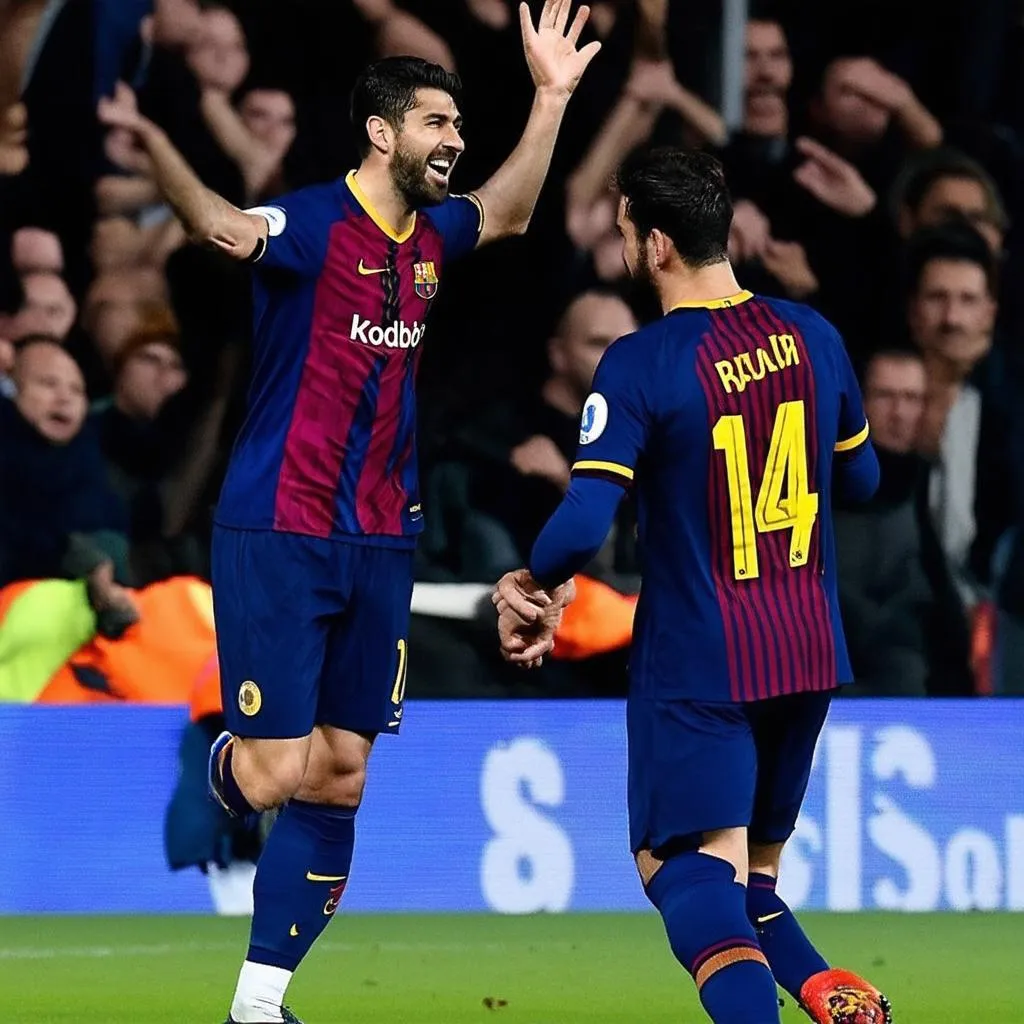 Messi và Suarez ăn mừng