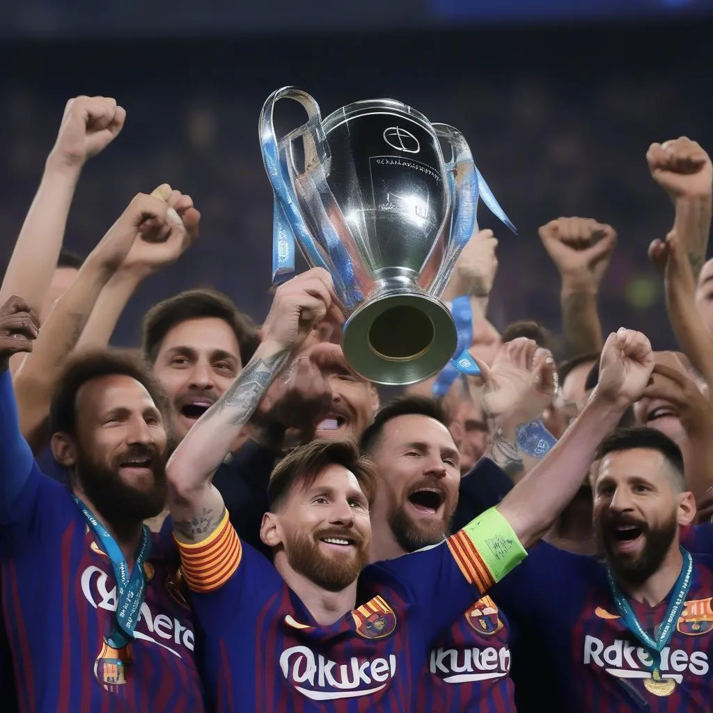 Hình ảnh Lionel Messi nâng cao cúp vô địch Champions League 2019