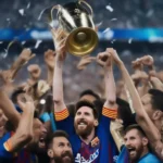 Hình ảnh Messi nâng cao cúp vô địch Champions League 2023, với nụ cười rạng rỡ và ánh mắt đầy tự hào