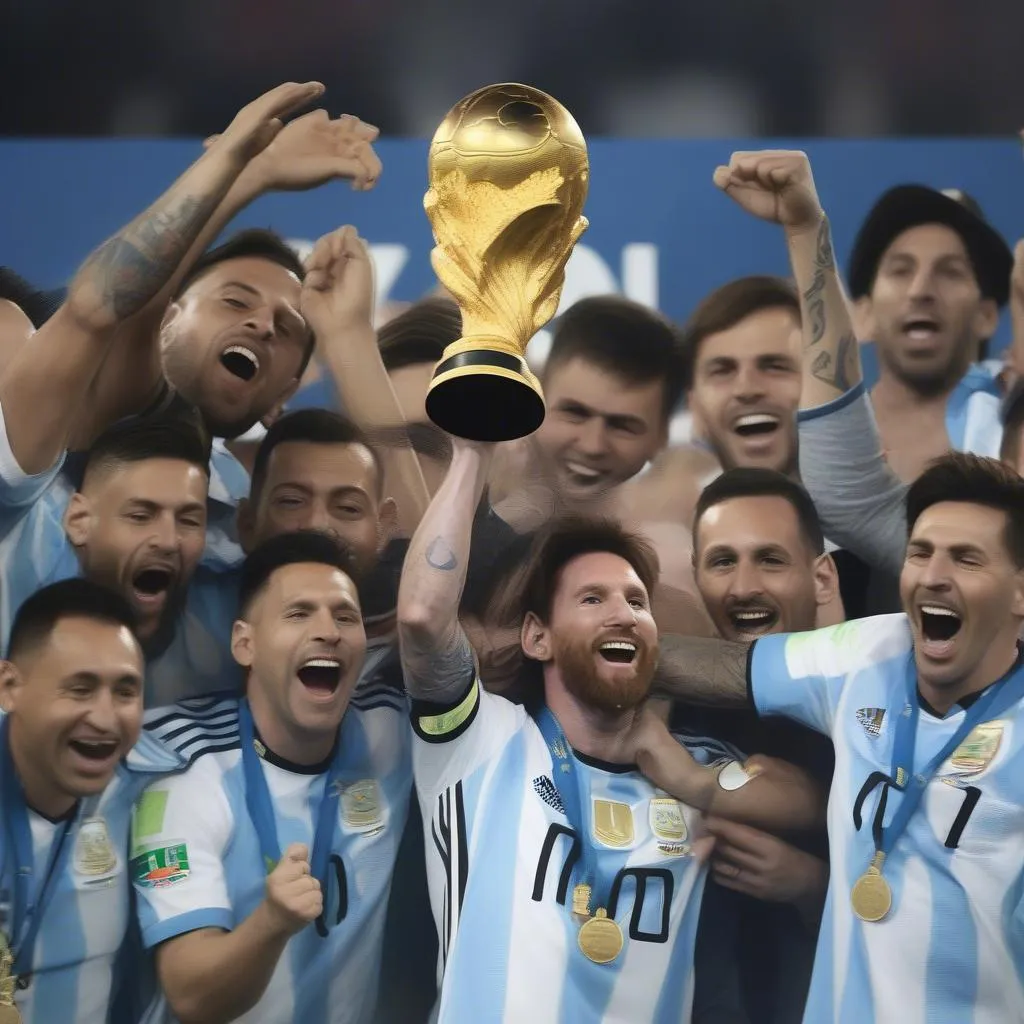 Hình ảnh Messi nâng cao cúp vô địch Copa America 2021, với niềm vui chiến thắng tỏa sáng trên gương mặt